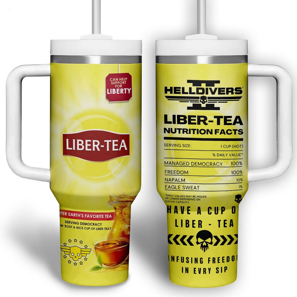 Helldivers II Liber-Tea Nutrition Facts Games Custom Stanley Quencher 40oz Stainless Steel Tumbler With Handle - Lemoneer